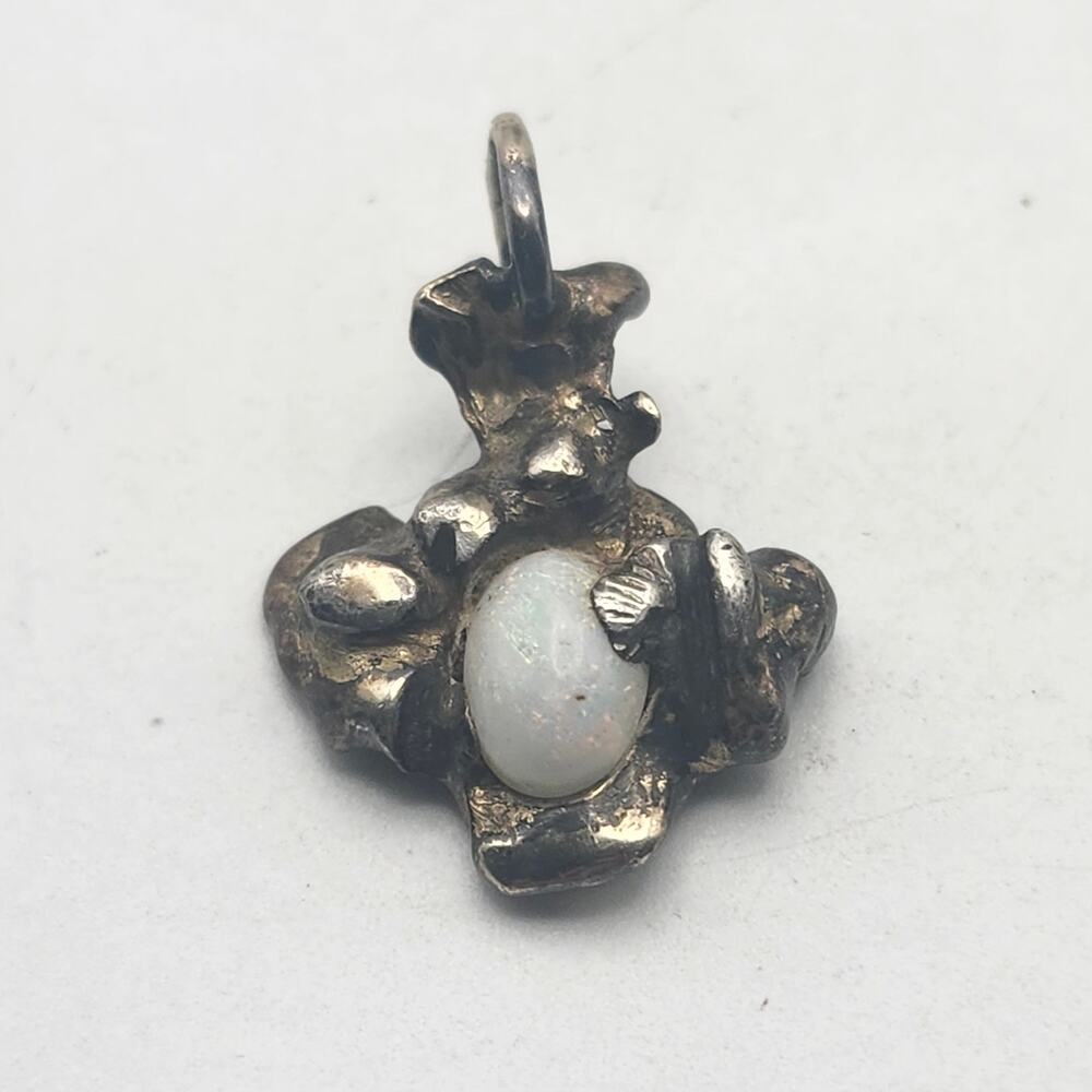 Tiny Teddy Bear Faux Opal Pendant Charm Gold Tone Brutalist Worn Figural Jewelry